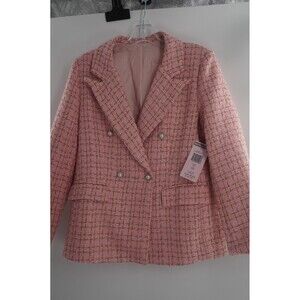 METRO Designer Pink Tweed Blazer Pearl Button Double Breasted Jacket NWT Size S